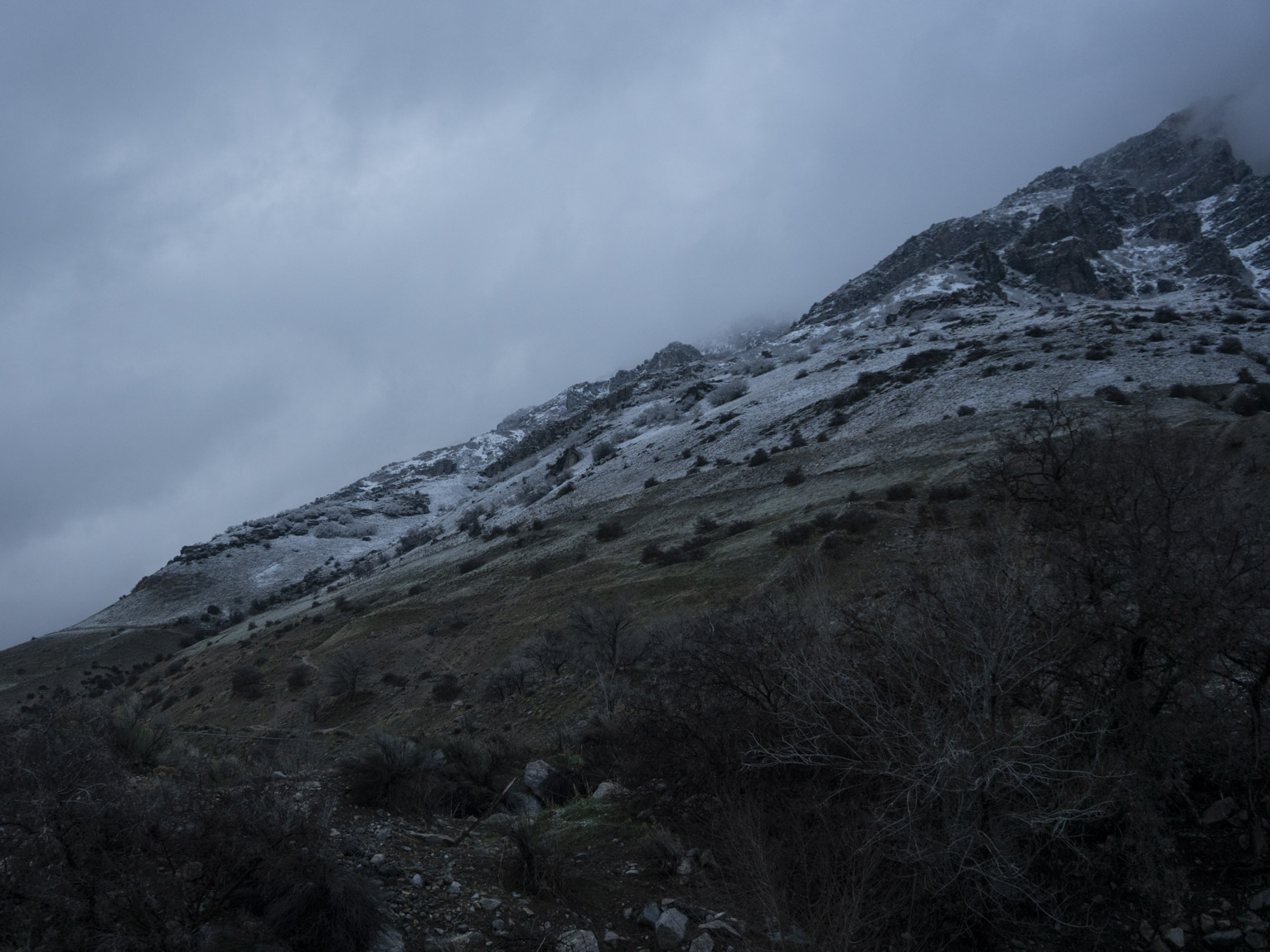 The snowfall dusts the mountainside in the morning